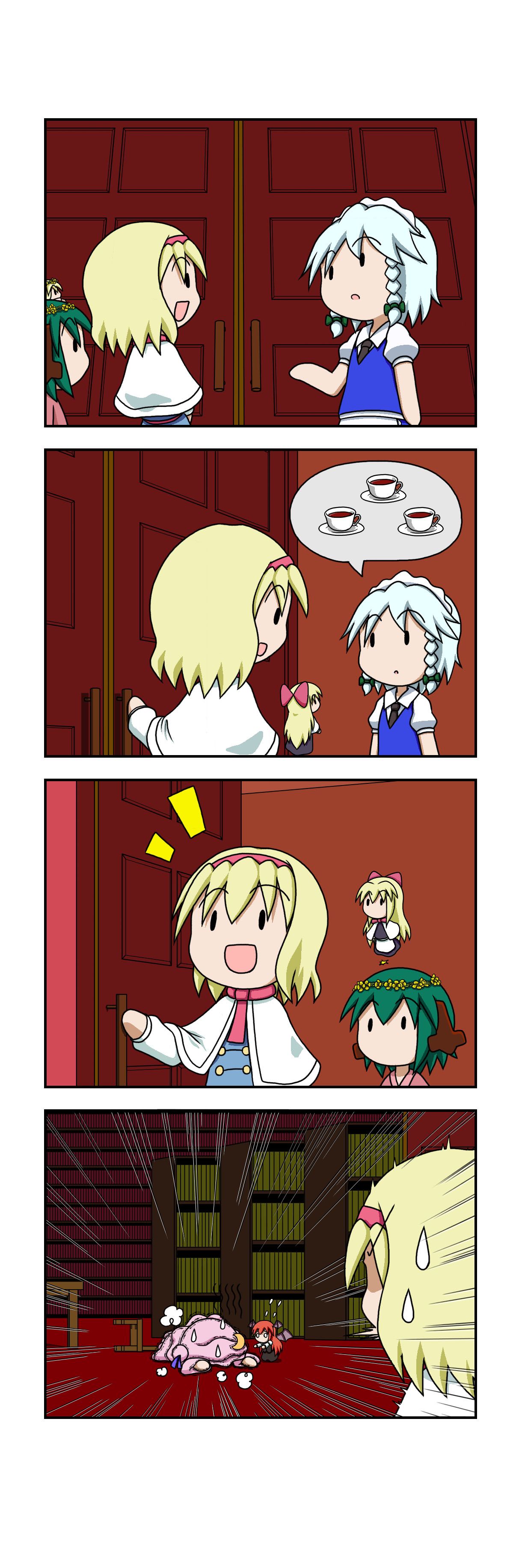 4koma 6+girls :d absurdres alice_margatroid animal_ears apron bat_wings blonde_hair blue_dress blue_vest bookshelf braid capelet chair comic crescent crescent_hair_ornament cup door dress emphasis_lines eyebrows_visible_through_hair flying_sweatdrops green_hair hair_ornament hair_ribbon hairband hat head_wings head_wreath highres indoors izayoi_sakuya kasodani_kyouko koakuma library lily_white long_hair lying maid_headdress minigirl mob_cap multiple_girls on_head on_stomach open_mouth patchouli_knowledge person_on_head puffy_short_sleeves puffy_sleeves rakugaki-biyori red_hair ribbon robe shanghai_doll short_hair short_sleeves silent_comic silver_hair smile solid_oval_eyes speech_bubble spit_take spitting spoken_object sweat sweating_profusely table teacup touhou tress_ribbon twin_braids vest waist_apron wings
