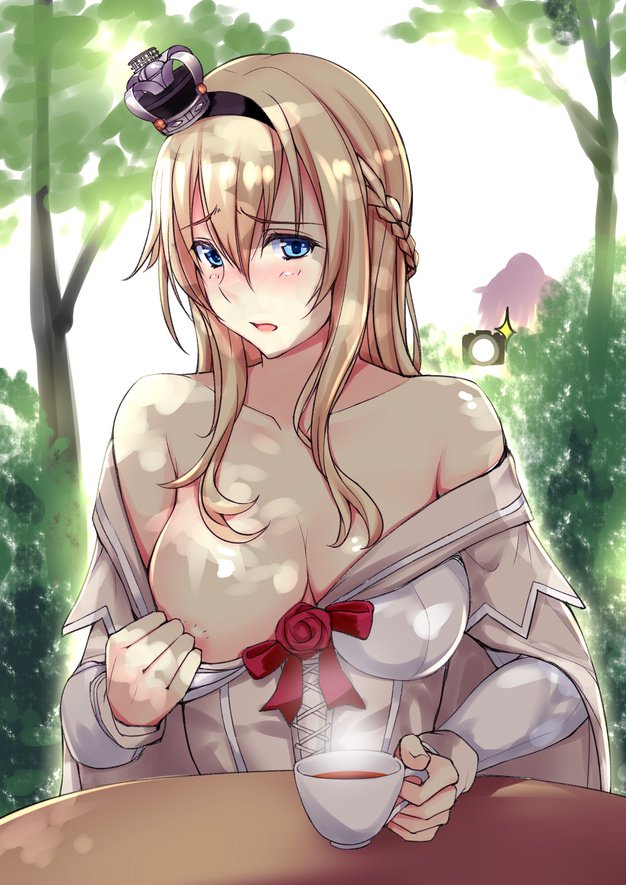 aoba_(kantai_collection) areola_slip areolae blonde_hair blue_eyes blush braid breasts bush camera commentary_request crown cup dress eyebrows_visible_through_hair french_braid hair_between_eyes kantai_collection kuurunaitsu large_breasts long_dress long_hair long_sleeves looking_at_viewer mini_crown multiple_girls nipples no_bra off-shoulder_dress off_shoulder open_mouth oppai_challenge table tea teacup tilted_headwear tree warspite_(kantai_collection)