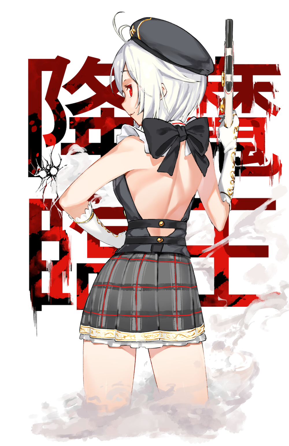 antenna_hair background_text backless_outfit bangs beret black_bow black_hat black_shirt bow bullet_hole closed_mouth cowboy_shot dennou_shoujo_youtuber_shiro elbow_gloves eyebrows_visible_through_hair gloves grey_skirt gun hair_between_eyes hat highres holding holding_gun holding_weapon kei_(soundcross) looking_at_viewer looking_back plaid plaid_skirt pleated_skirt profile red_eyes shiro_(dennou_shoujo_youtuber_shiro) shirt short_hair silver_hair skirt sleeveless sleeveless_shirt smile solo standing translation_request virtual_youtuber weapon weapon_request white_background white_gloves