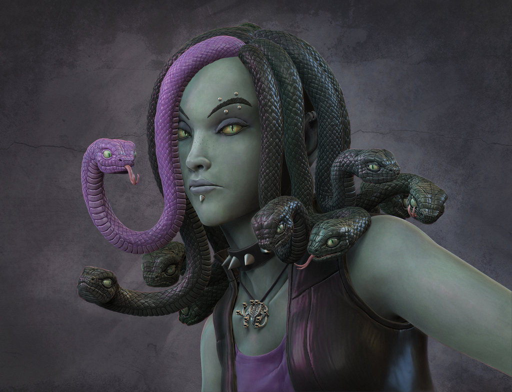 2017 3d_(artwork) animal_humanoid belly_scales better_version_at_source blep bust_portrait clothing collar collarbone digital_media_(artwork) ear_piercing eyebrow_piercing eyebrows eyelashes eyeshadow facial_piercing female feral flat_chested forked_tongue frown gorgon goth green_eyes green_scales green_skin grey_background grey_eyeshadow grey_lips grey_lipstick hair hair_streak humanoid jacket jewelry leather leather_jacket lip_piercing lip_spike lipstick looking_at_viewer makeup medusa multicolored_hair multiple_piercings necklace open_clothing open_jacket piercing pink_tongue portrait punk purple_scales reptile scales scalie schlossbauer shirt silver_(metal) silver_jewelry simple_background slit_pupils smile snake snake_hair snake_humanoid snout solo spiked_collar spikes surface_piercing tank_top tongue tongue_out two_tone_hair yellow_sclera zbrush