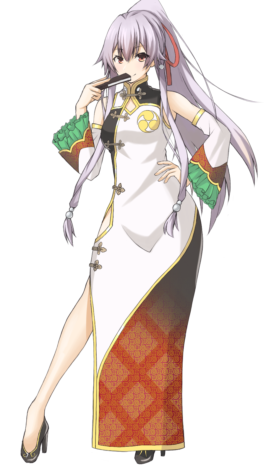 bare_shoulders black_footwear china_dress chinese_clothes closed_mouth commentary_request dress fan fan_to_mouth fate/grand_order fate_(series) flower_knot folding_fan full_body gold_trim green_frills hair_ribbon hand_on_hip heroic_spirit_traveling_outfit high_heels highres long_hair long_sleeves ponytail red_eyes ribbon side_slit sidelocks silver_hair simple_background smile solo tnk_(p_freaks) tomoe_(symbol) tomoe_gozen_(fate/grand_order) unmoving_pattern white_background wide_sleeves