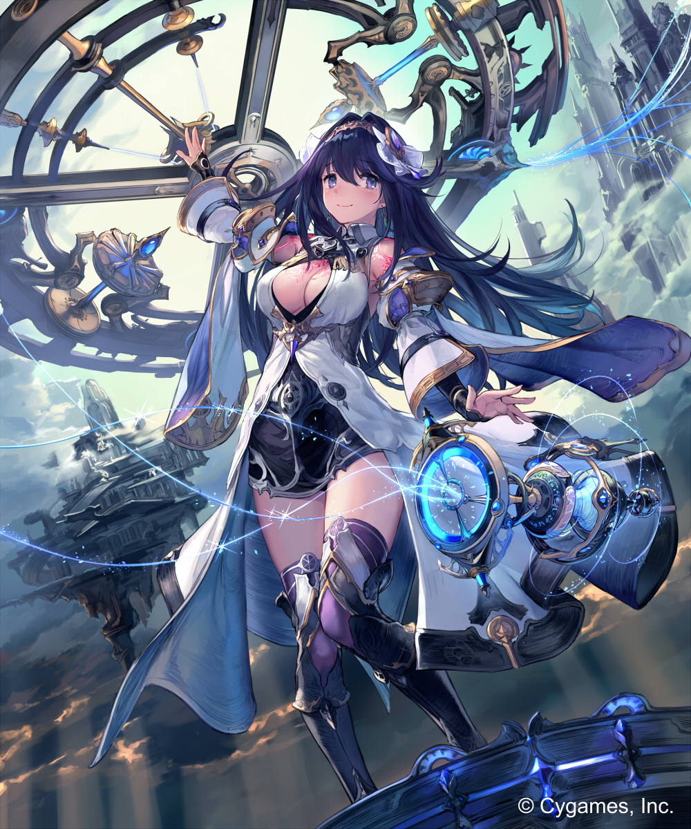 black_hair blue_sky breasts cleavage cloud day detached_sleeves dutch_angle earrings eyebrows_visible_through_hair floating_island hair_ornament hairband highres jewelry large_breasts long_hair looking_at_viewer outdoors purple_eyes shingeki_no_bahamut sky smile solo supertie thighhighs watermark