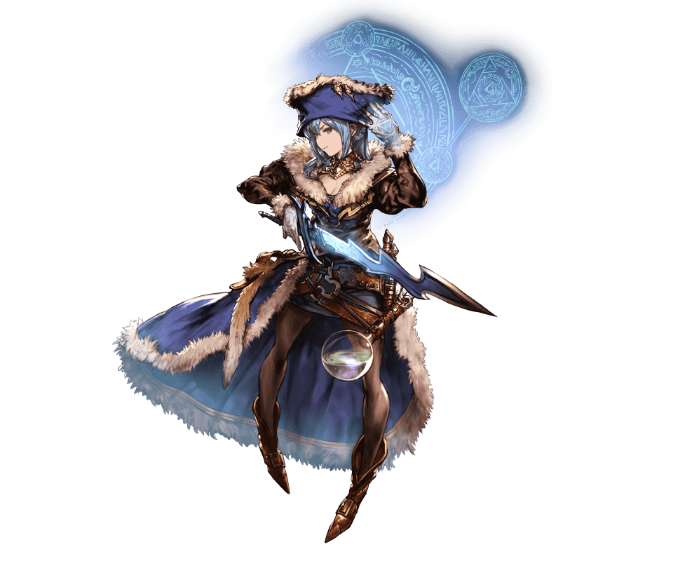 blue_eyes blue_hair boots collar fingerless_gloves full_body fur_trim gloves granblue_fantasy hat holding holding_weapon jewelry juliet_sleeves long_coat long_sleeves looking_at_viewer magnifying_glass minaba_hideo miniskirt official_art pantyhose puffy_sleeves skirt smile solo sword therese_(granblue_fantasy) transparent_background weapon