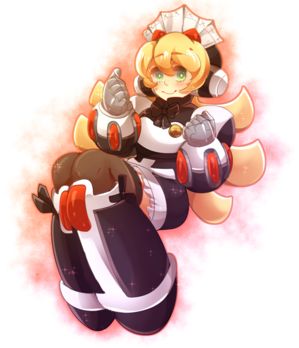 1girl adapted_costume android blonde_hair blush bow bowtie chocoriina cinnamon closed_mouth eyebrows_visible_through_hair female headdress legs_together long_hair miniskirt rockman rockman_x rockman_x_command_mission skirt smile solo