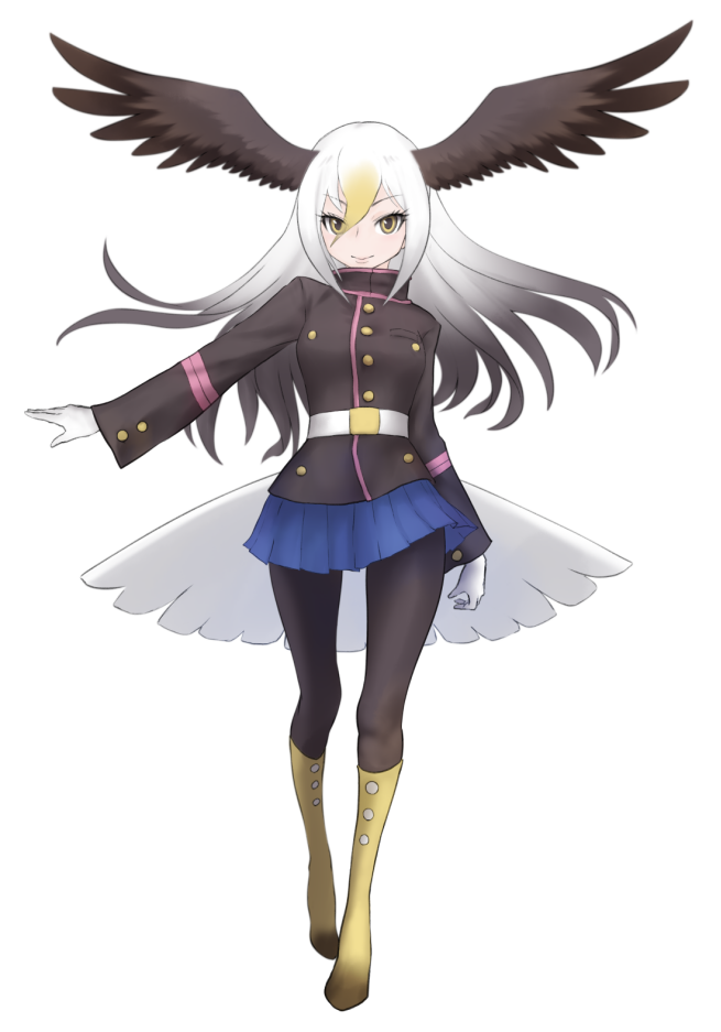 bald_eagle_(kemono_friends) belt bird_tail black_jacket black_legwear blonde_hair blue_skirt boots eyebrows_visible_through_hair full_body gloves gradient_hair grey_hair hair_between_eyes head_wings ise_(0425) jacket kemono_friends knee_boots long_hair long_sleeves looking_at_viewer multicolored_hair outstretched_arm pantyhose pleated_skirt simple_background skirt smile solo spread_wings standing v-shaped_eyebrows white_background white_gloves white_hair yellow_eyes yellow_footwear