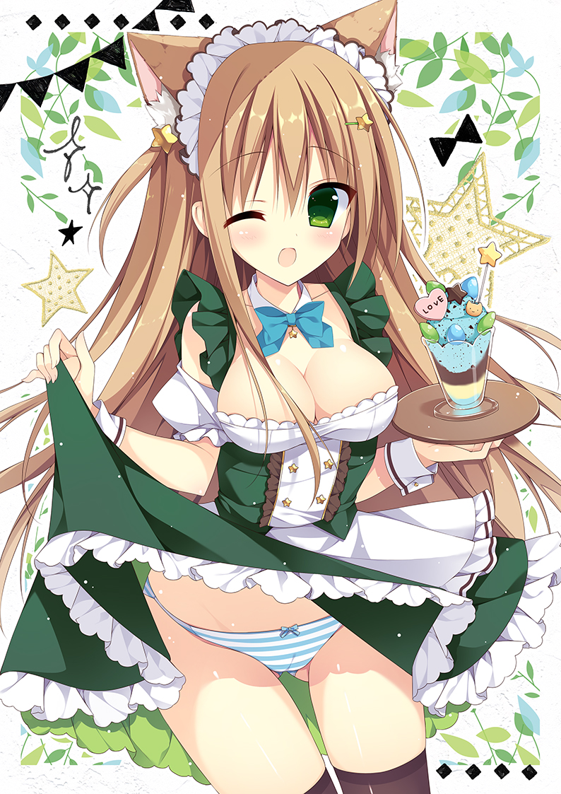 ;d animal_ears apron ass_visible_through_thighs bangs black_legwear blush bow bow_panties breasts cat_ears cleavage commentary_request detached_sleeves dress english eyebrows_visible_through_hair frilled_apron frills green_dress green_eyes hair_between_eyes hair_ornament hairclip izuminanase lifted_by_self light_brown_hair long_hair looking_at_viewer maid maid_headdress medium_breasts one_eye_closed open_mouth original panties parfait plate puffy_short_sleeves puffy_sleeves short_sleeves sleeveless sleeveless_dress smile solo star star_hair_ornament striped striped_panties thighhighs underwear very_long_hair waist_apron white_apron