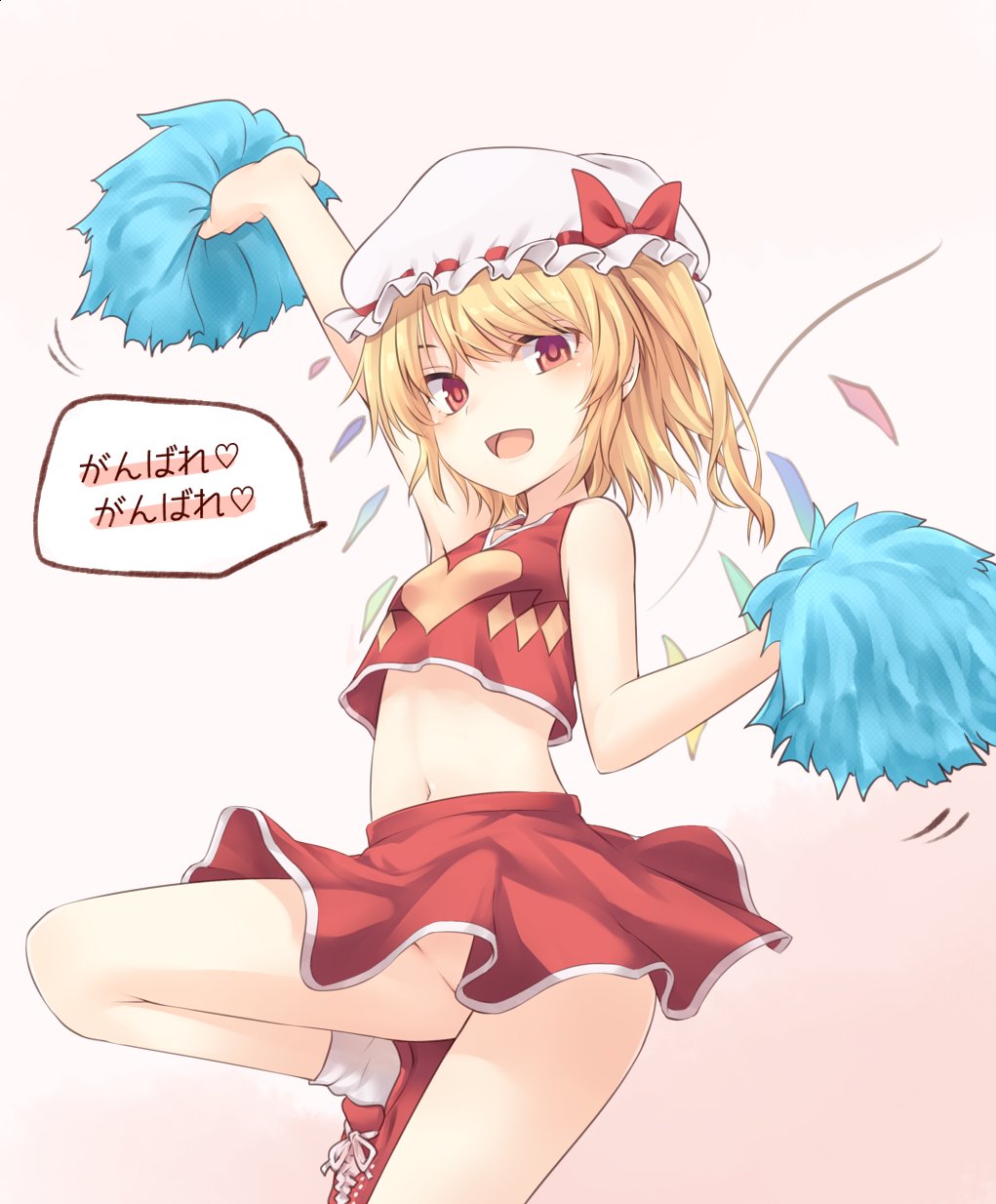 :d alternate_costume arm_up bangs bare_arms bare_shoulders beige_background blonde_hair blush bow cheerleader commentary convenient_censoring crop_top crop_top_overhang eyebrows_visible_through_hair flandre_scarlet ganbare_ganbare_(itou_life) hat hat_bow heart heart_print highres holding holding_pom_poms leg_up looking_at_viewer midriff miniskirt miyo_(ranthath) mob_cap navel no_panties one_side_up open_mouth pom_poms red_bow red_eyes red_footwear red_skirt shoes short_hair simple_background skirt sleeveless smile sneakers socks solo speech_bubble spoken_heart stomach thighs touhou translated white_hat white_legwear wings