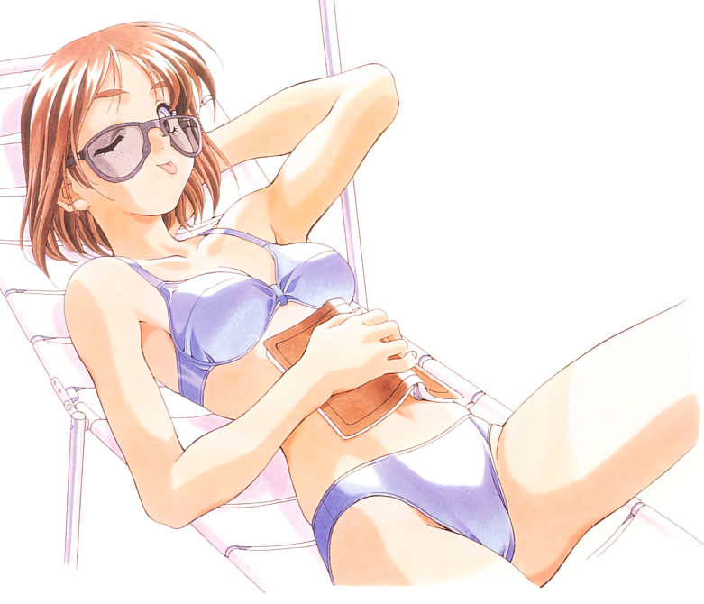 90s ;p arm_up beach_chair bikini blue_bikini book brown_hair covering_navel hand_behind_head holding holding_book kai_tomohisa looking_at_viewer lying official_art on_back one_eye_closed sentimental_graffiti short_hair simple_background solo sunglasses swimsuit tongue tongue_out white_background yamamoto_rurika