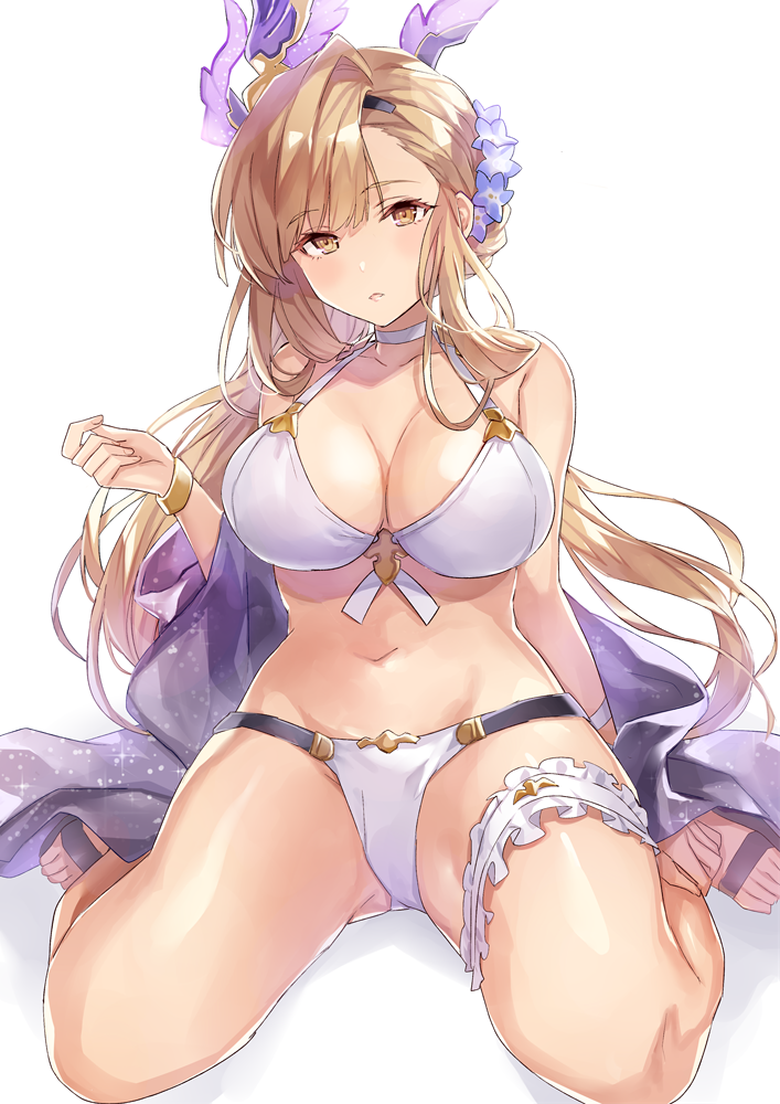 arm_support bangs bikini blush breasts brown_eyes brown_hair cleavage collarbone commentary_request eyebrows_visible_through_hair granblue_fantasy hair_ornament hairband halter_top halterneck head_wings large_breasts long_hair looking_at_viewer navel parted_lips shiny shiny_skin sitting solo song_(granblue_fantasy) stomach swimsuit thigh_strap thighs wariza white_bikini yuzuki_karu