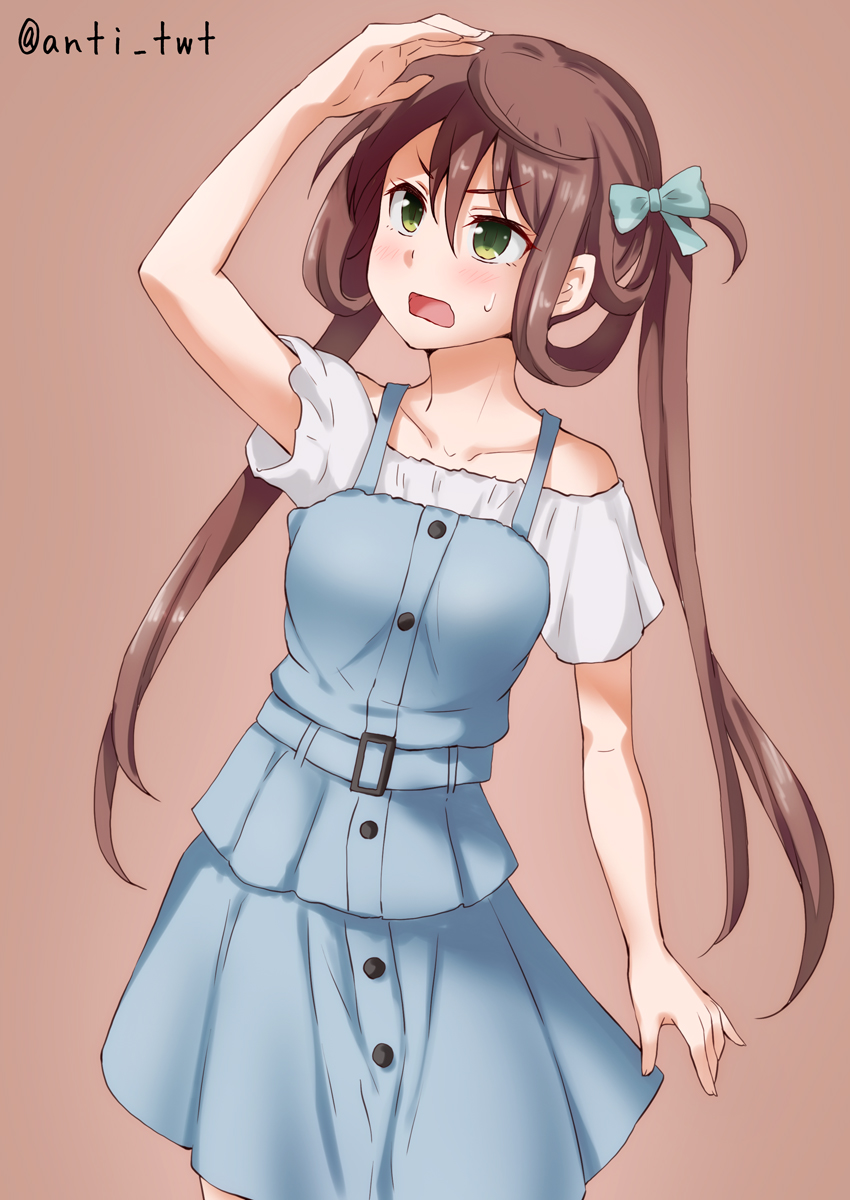alternate_costume anti_(untea9) asagumo_(kantai_collection) blouse blue_dress brown_background brown_hair casual commentary_request dress green_eyes hair_ribbon hair_rings highres kantai_collection long_hair looking_up open_mouth ribbon simple_background solo twintails twitter_username white_blouse