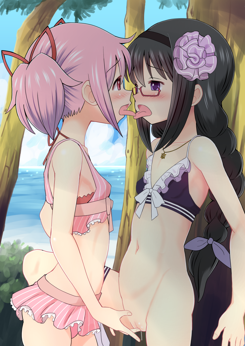 against_tree akemi_homura beach bikini bottomless collarbone day fingering french_kiss highres jewelry kaname_madoka kiss magia_record:_mahou_shoujo_madoka_magica_gaiden mahou_shoujo_madoka_magica multiple_girls navel necklace pussy pussy_juice qm swimsuit tongue tongue_out tree yuri