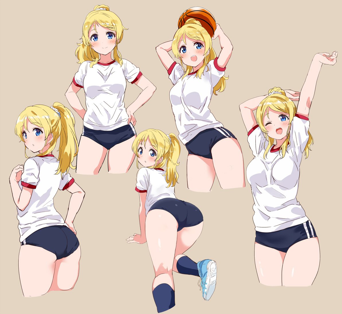 :o ;o all_fours arm_behind_head arms_behind_head arms_up ayase_eli ball bangs basketball black_buruma blonde_hair blue_eyes blue_footwear blue_legwear blush breasts brown_background buruma closed_mouth cropped_legs eyebrows_visible_through_hair from_behind gym_shirt gym_uniform hand_on_hip hands_on_hips high_ponytail holding holding_ball kneehighs kurokawa_makoto legs_together long_hair looking_at_viewer looking_back love_live! love_live!_school_idol_project medium_breasts multiple_views one_eye_closed open_mouth outstretched_arm parted_bangs ponytail scrunchie shiny shiny_hair shiny_skin shirt shoes short_sleeves sidelocks simple_background smile sneakers standing upper_teeth white_scrunchie white_shirt
