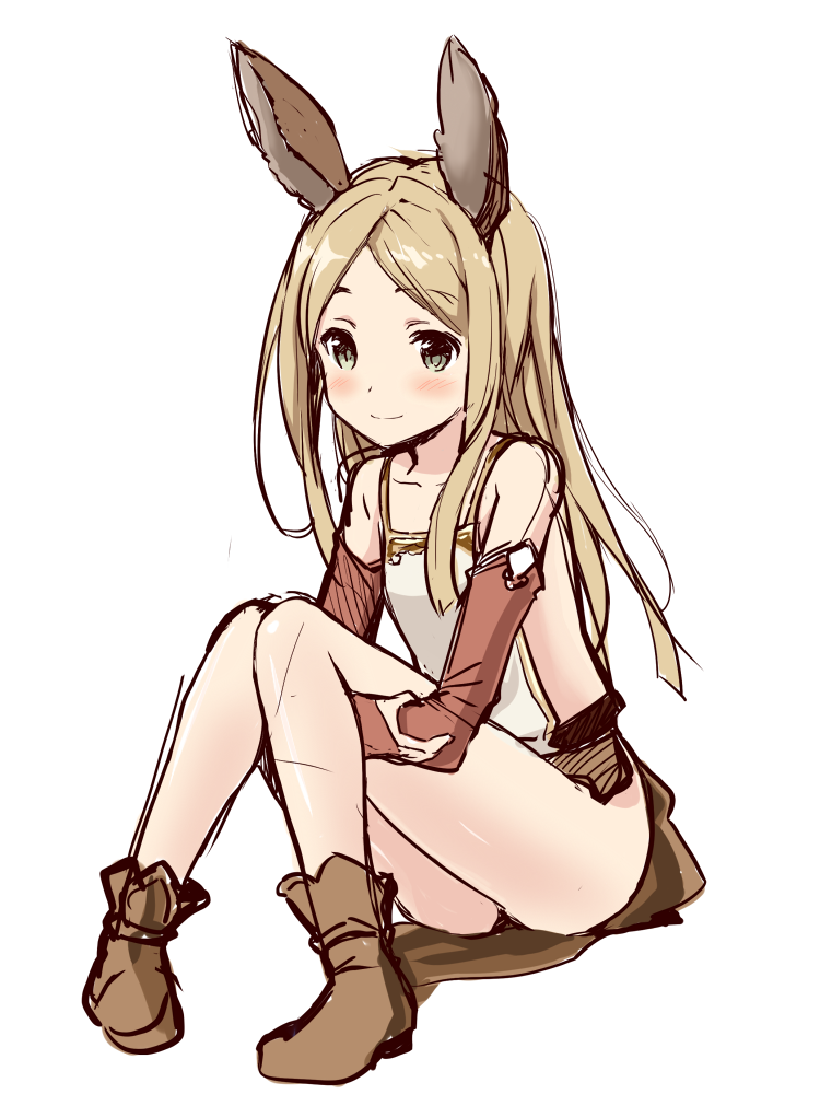 animal_ears backless_outfit bangs bare_legs belt blonde_hair blush boots bridal_gauntlets collarbone elbow_gloves erun_girl erune eyebrows_visible_through_hair flat_chest gloves granblue_fantasy green_eyes knees_together_feet_apart knees_up leg_hug long_hair looking_at_viewer parted_bangs side_slit simple_background sitting smile solo souryuu white_background