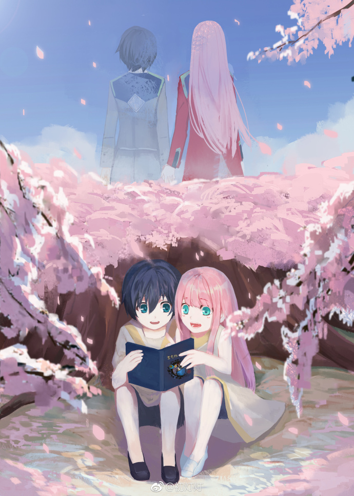 1boy 1girl absurdres bangs bare_shoulders black_footwear black_hair blue_eyes blue_sky book cherry_blossoms child chu_dengdeng cloud cloudy_sky collarbone commentary_request couple darling_in_the_franxx day dual_persona eyebrows_visible_through_hair green_eyes hand_holding hetero highres hiro_(darling_in_the_franxx) holding holding_book huge_filesize long_hair long_sleeves military military_uniform no_socks open_book open_mouth petals pink_hair purple_footwear reincarnation shirt shoes short_hair shorts sitting sky sleeveless sleeveless_shirt spoilers tree uniform white_footwear white_shirt zero_two_(darling_in_the_franxx)
