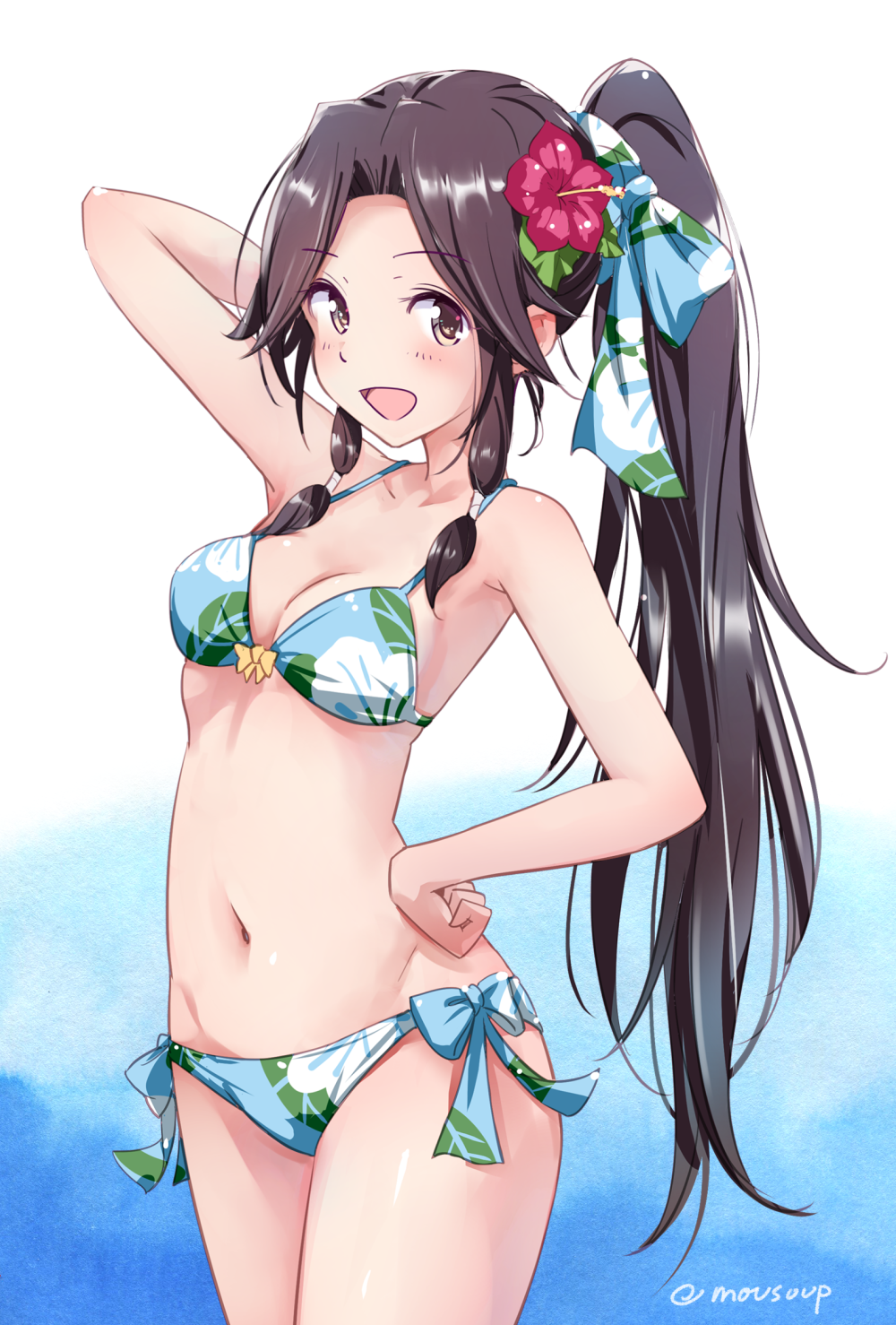 :d alternate_costume alternate_hairstyle armpits bangs bikini blush bow breasts brown_eyes brown_hair cleavage commentary_request floral_print flower groin hair_bow hair_flower hair_intakes hair_ornament hair_ribbon hand_behind_head hand_on_hip hibiscus highres jintsuu_(kantai_collection) kantai_collection long_hair looking_at_viewer medium_breasts moupii_(hitsuji_no_ki) navel open_mouth ponytail remodel_(kantai_collection) ribbon side-tie_bikini signature skindentation smile solo stomach swimsuit thighs tress_ribbon