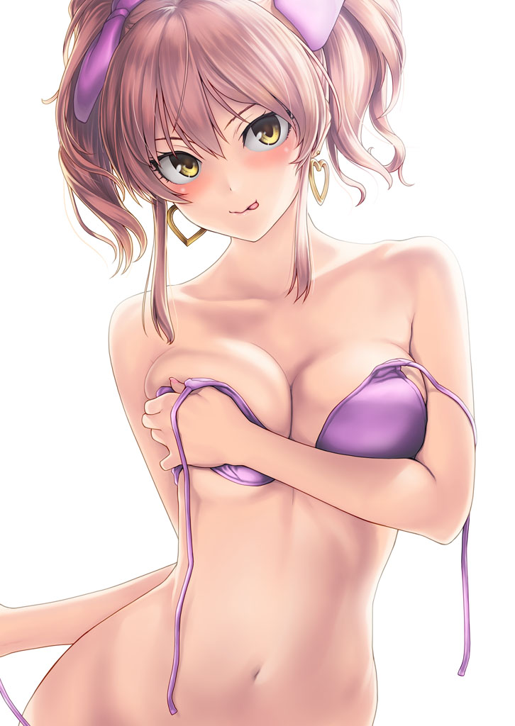 arm_under_breasts bare_arms blush bow bra breast_hold breasts closed_mouth collarbone commentary_request earrings hair_between_eyes hair_bow heart heart_earrings holding holding_bra idolmaster idolmaster_cinderella_girls jewelry jougasaki_mika looking_at_viewer medium_breasts nail_polish navel panties pink_nails purple_bow purple_bra purple_panties side-tie_panties simple_background solo stomach tanaka_shoutarou tongue tongue_out two_side_up underboob underwear underwear_only undressing untied untied_bra untied_panties upper_body white_background