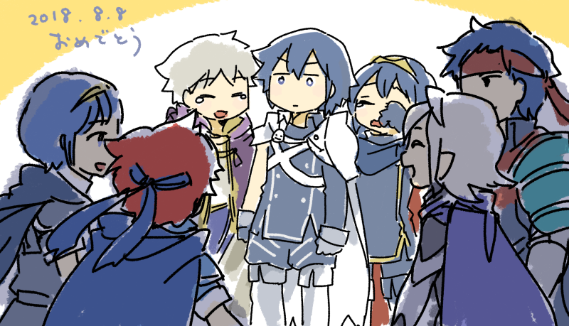 6+boys armor blue_eyes blue_hair cape chibi closed_eyes commentary congratulations crying father_and_daughter fire_emblem fire_emblem:_fuuin_no_tsurugi fire_emblem:_kakusei fire_emblem:_monshou_no_nazo fire_emblem:_souen_no_kiseki fire_emblem_if headband ike krom lucina male_my_unit_(fire_emblem:_kakusei) male_my_unit_(fire_emblem_if) marth multiple_boys my_unit_(fire_emblem:_kakusei) my_unit_(fire_emblem_if) pirihiba pointy_ears roy_(fire_emblem) short_hair shoulder_armor smile super_smash_bros. super_smash_bros._ultimate tears