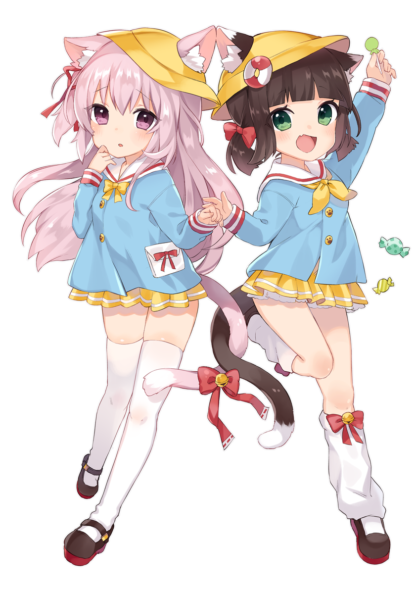 :d animal_ear_fluff animal_ears arm_up azur_lane bangs bell blue_shirt blush bow bowtie brown_footwear brown_hair candy candy_wrapper cat_ears cat_girl cat_tail commentary ears_through_headwear eyebrows_visible_through_hair fang fingernails food green_eyes hair_between_eyes hair_ribbon hand_up hat highres holding holding_food holding_lollipop intertwined_tails jingle_bell kindergarten_uniform kisaragi_(azur_lane) lollipop long_hair long_sleeves loose_socks low_twintails mary_janes multiple_girls mutsuki_(azur_lane) neckerchief one_side_up open_mouth orqz parted_lips pink_hair pleated_skirt purple_eyes red_bow red_ribbon ribbon school_hat shirt shoes simple_background skirt sleeves_past_wrists smile standing standing_on_one_leg tail tail_bell tail_bow thighhighs twintails very_long_hair white_background white_legwear yellow_hat yellow_neckwear yellow_skirt