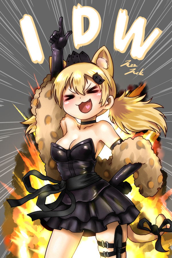 &gt;_&lt; :3 alternate_costume animal_ear_fluff animal_ears artist_name bare_shoulders black_dress black_gloves black_ribbon black_skirt blonde_hair blush breasts cat_ears cat_tail character_name choker cleavage closed_eyes commentary cowboy_shot dress elbow_gloves emphasis_lines explosion fang girls_frontline gloves hair_between_eyes hair_ornament hand_on_hip heart heart_in_mouth idw_(girls_frontline) index_finger_raised jazzjack low_twintails open_mouth pointing pointing_up ribbon skirt solo stole strapless strapless_dress tail tail_ribbon thigh_strap tiara twintails