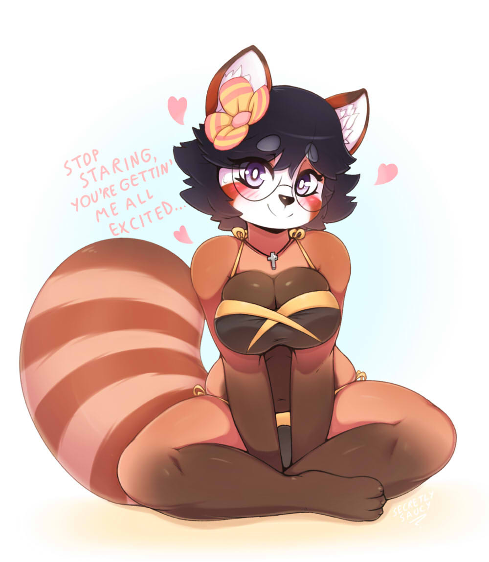 3_toes anthro big_breasts bikini black_hair blush breasts clothing cross dialogue eyewear female flower flower_in_hair fluffy fluffy_tail glasses hair jewelry looking_at_viewer mammal necklace plant purple_eyes red_panda secretly_saucy shy solo swimsuit toes