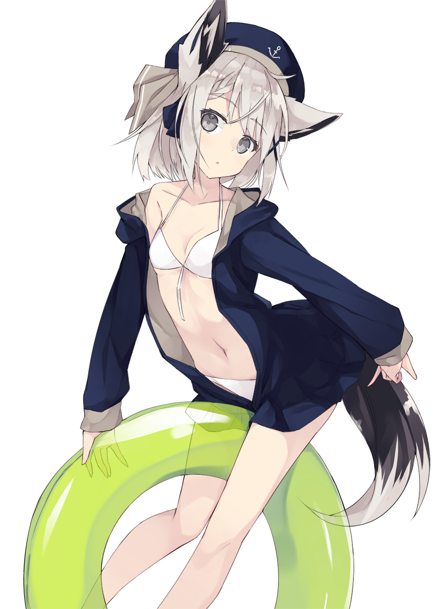 :o anchor_symbol animal_ears bangs beret between_legs bikini bikini_under_clothes blue_hat blue_jacket blush commentary_request eyebrows_visible_through_hair green_innertube grey_eyes hat head_tilt highres hood hood_down hooded_jacket innertube jacket long_sleeves looking_at_viewer nagishiro_mito navel open_clothes open_jacket original parted_lips silver_hair simple_background sleeves_past_wrists solo swimsuit tail transparent white_background white_bikini wolf_ears wolf_girl wolf_tail