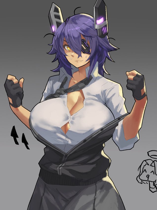 arrow black_gloves breast_expansion breasts button_gap buttons checkered checkered_neckwear cleavage clenched_hands closed_mouth collarbone collared_shirt commentary eu03 eyepatch gloves grey_background hair_between_eyes hands_up headgear huge_breasts jacket kantai_collection looking_at_viewer loose_necktie necktie open_clothes open_jacket partly_fingerless_gloves purple_hair remodel_(kantai_collection) school_uniform shirt short_hair skirt sleeves_rolled_up smile standing sweatdrop tatsuta_(kantai_collection) taut_clothes taut_shirt tenryuu_(kantai_collection) unbuttoned unbuttoned_shirt wardrobe_malfunction white_shirt yellow_eyes