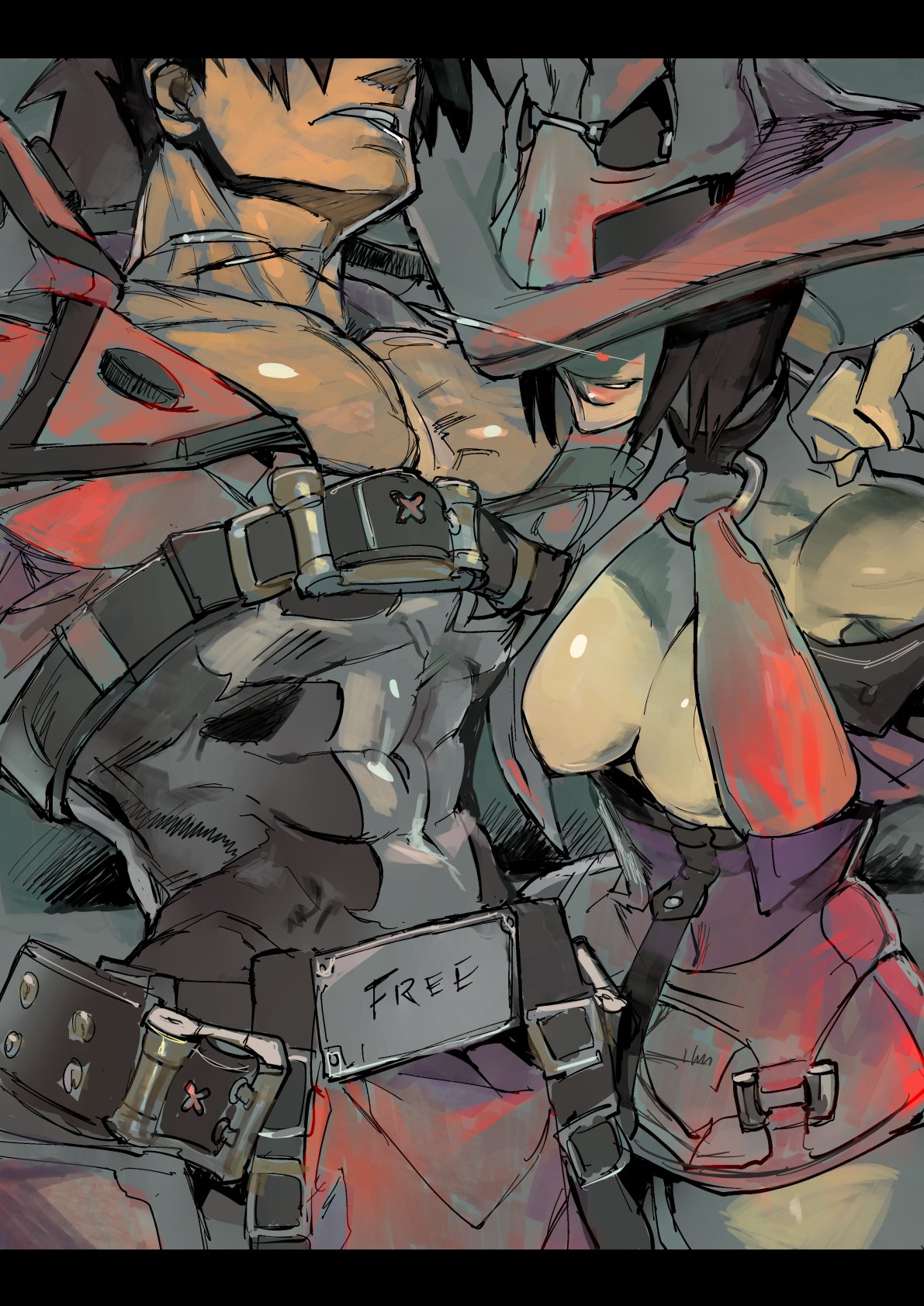 1boy 1girl bare_shoulders belt black_hair breasts brown_hair cleavage covered_eyes fingerless_gloves gloves guilty_gear guilty_gear_2 guilty_gear_xrd hat highres i-no large_breasts long_hair muscle ponytail red_clothes red_hat short_hair smile sol_badguy string thighhighs witch_hat