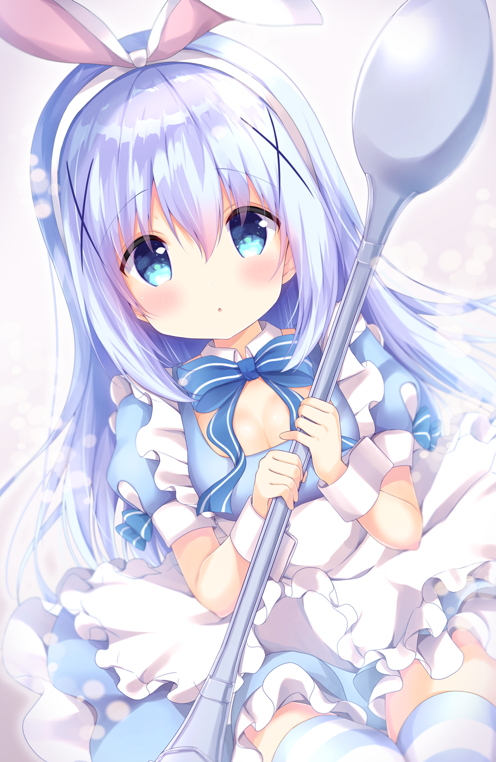 :o amedamacon animal_ears apron bangs blue_bow blue_dress blue_eyes blue_hair blush bow breasts bunny_ears cleavage commentary dress eyebrows_visible_through_hair fake_animal_ears frilled_apron frills gochuumon_wa_usagi_desu_ka? hair_between_eyes hair_ornament hairband hand_up highres holding holding_spoon kafuu_chino long_hair maid_apron medium_breasts oversized_object parted_lips puffy_short_sleeves puffy_sleeves short_sleeves solo spoon striped striped_bow striped_legwear thighhighs very_long_hair white_apron white_hairband wrist_cuffs x_hair_ornament