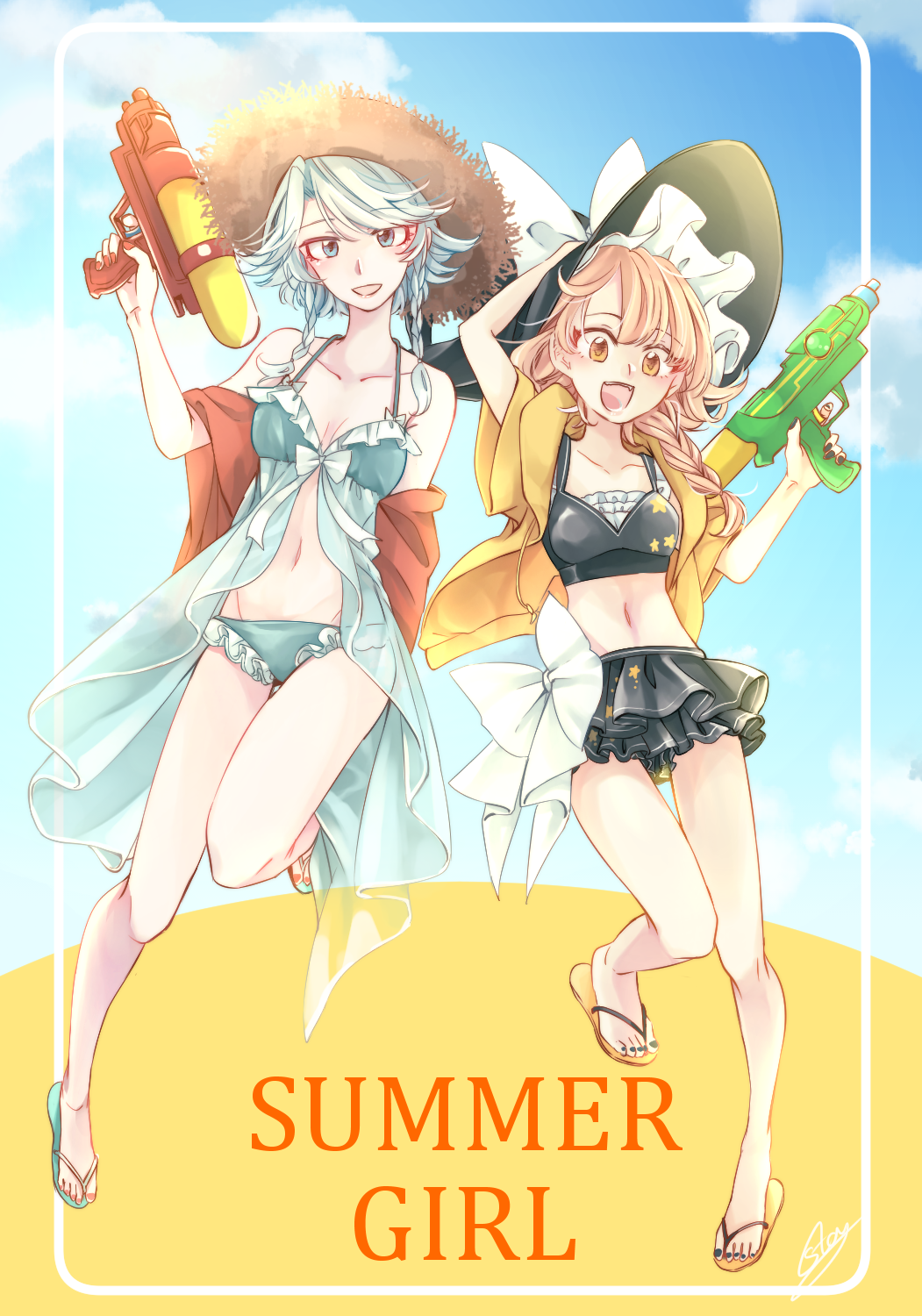 :d arm_up artist_name bangs bare_legs bare_shoulders bikini black_hat black_nails black_swimsuit blonde_hair blue_bikini blue_eyes blue_footwear blue_sky blush bow braid breasts cleavage cloud collarbone commentary day drawstring eyebrows_visible_through_hair frilled_bikini frills full_body groin gun halterneck hand_on_headwear hand_up hat hat_bow head_tilt highres holding holding_gun holding_weapon hood hooded_jacket izayoi_sakuya jacket kirisame_marisa leg_up looking_at_viewer medium_breasts multiple_girls nail_polish navel off_shoulder open_clothes open_jacket open_mouth outdoors red_nails sandals short_sleeves signature silver_hair single_braid sky smile souta_(karasu_no_ouchi) star star_print stomach sun_hat swept_bangs swimsuit thighs toenail_polish touhou twin_braids water_gun weapon white_bow witch_hat yellow_eyes yellow_footwear yellow_jacket