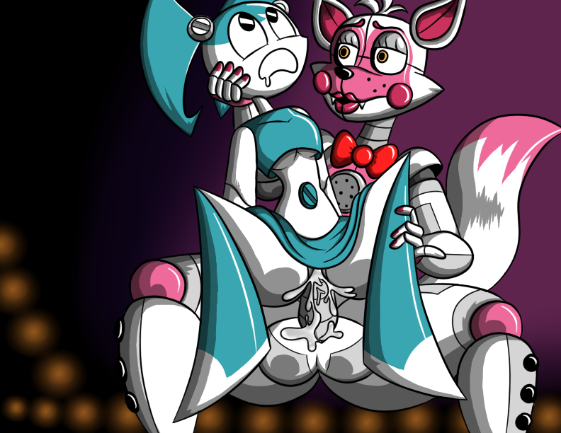 animatronic anthro canine clothed clothing digital_media_(artwork) duo female five_nights_at_freddy's fox foxy funtime_foxy_(fnafsl) hyperflannel inside invalid_tag jenny jenny_wakeman machine male mammal my_life_as_a_teenage_robot nick nickelodeon nude robot scott_cawthon sitting skimpy toony video_games