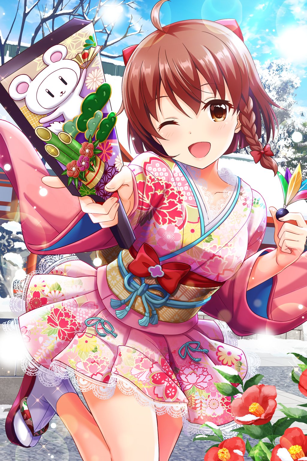 alternative_girls bangs blue_sky blush bow braid breasts day fingernails floral_print flower frilled_kimono frills hagoita hair_bow hanetsuki highres holding japanese_clothes kimono long_sleeves looking_at_viewer medium_breasts obi official_art one_eye_closed open_mouth outdoors paddle pink_kimono print_kimono red_bow red_flower sash short_hair short_kimono single_braid sky socks standing standing_on_one_leg sun tassel tree white_legwear wide_sleeves yellow_eyes yuuki_miyaka