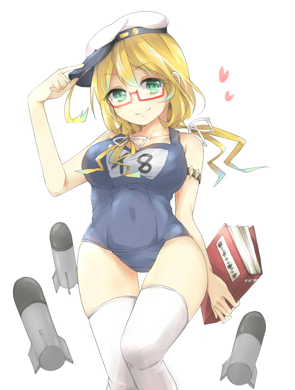 adjusting_headwear armlet blonde_hair book breasts collarbone eyebrows_visible_through_hair green_eyes hat heart highres holding holding_book i-8_(kantai_collection) kantai_collection looking_at_viewer low_twintails medium_breasts name_tag one-piece_swimsuit peaked_cap red-framed_eyewear sailor_hat school_swimsuit semi-rimless_eyewear solo swimsuit thighhighs tomo_futoshi torpedo twintails under-rim_eyewear white_background white_legwear