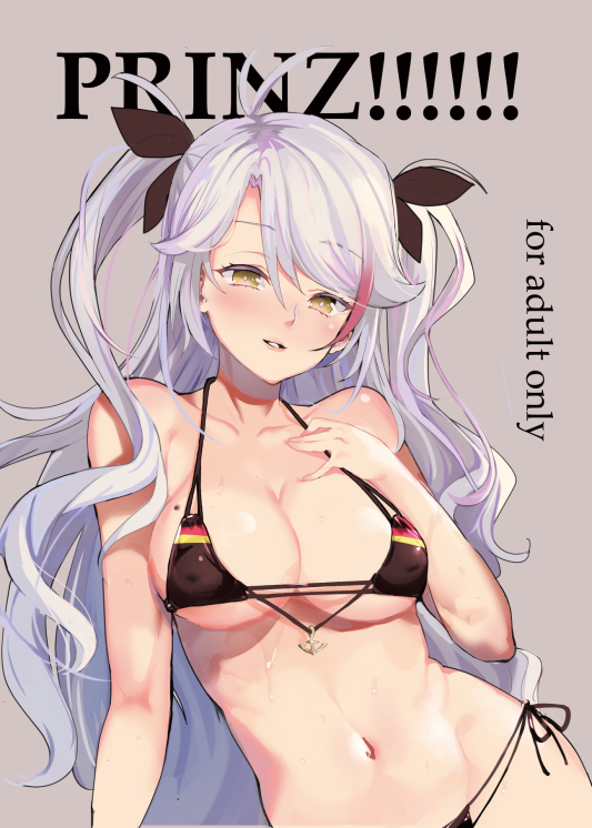 ababarion antenna_hair arm_support armpit_crease azur_lane bangs bikini black_bikini blush breasts brown_eyes character_name cleavage collarbone commentary_request covered_nipples eyebrows_visible_through_hair flag_print german_flag_bikini groin hair_between_eyes large_breasts long_hair looking_at_viewer mole mole_on_breast multicolored_hair navel parted_lips prinz_eugen_(azur_lane) red_hair ribbon silver_hair simple_background sitting smile solo stomach streaked_hair sweat swimsuit two_side_up very_long_hair