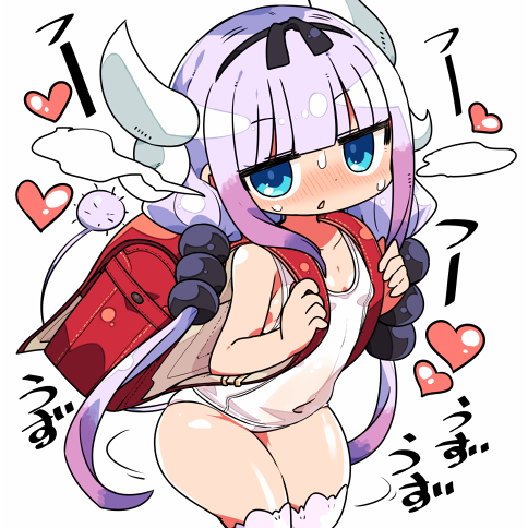 backpack bag bangs blue_eyes blunt_bangs blush covered_navel eyebrows_visible_through_hair gradient_hair hairband heart horns kanikama kanna_kamui kobayashi-san_chi_no_maidragon leaning_forward long_hair looking_at_viewer low_twintails lowres multicolored_hair one-piece_swimsuit parted_lips purple_hair randoseru school_swimsuit solo sweatdrop swimsuit tail thighhighs twintails very_long_hair white_legwear white_school_swimsuit white_swimsuit