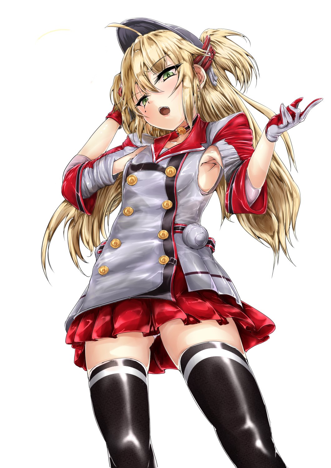 admiral_hipper_(azur_lane) ahoge armpit_cutout armpits ass_visible_through_thighs azur_lane bangs black_legwear blonde_hair blush breasts choker collarbone commentary_request cowboy_shot double-breasted drawing_nk eyebrows_visible_through_hair fang gloves green_eyes hair_between_eyes hand_in_hair hand_up hat headgear highres iron_cross jacket long_hair looking_at_viewer mole mole_under_eye open_mouth panties pleated_skirt red_skirt simple_background skindentation skirt smile solo thighhighs two_side_up underwear white_background white_panties