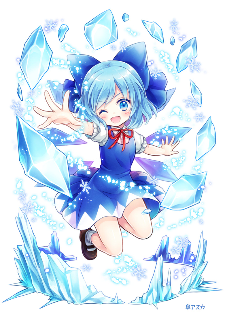 ;d bare_legs blue_eyes blue_hair bow cannan cirno hair_bow ice ice_crystal ice_wings mary_janes midair multicolored multicolored_clothes multicolored_skirt one_eye_closed open_mouth shoes skirt smile socks touhou wings