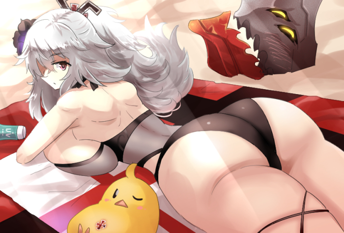 1girl artist_request ass azur_lane bare_shoulders beach big_haor bikini breast_press breasts curvy from_behind graf_zeppelin_(azur_lane) hair_ornament hips huge_ass huge_breasts iron_cross large_breasts laying long_hair looking_at_viewer looking_back lying on_stomach sand shiny shiny_hair shiny_skin silver_hair solo swimsuit thick_thighs thigh_strap thighs towel wide_hips