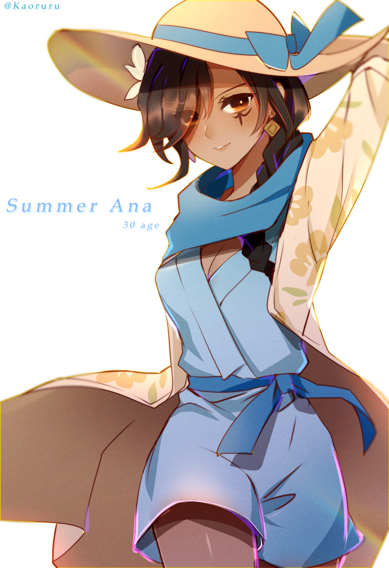 alternate_costume ana_(overwatch) arm_up atobesakunolove blue_ribbon blue_shirt blue_shorts bow braid breasts brown_eyes brown_hair cabana_ana character_name cleavage cowboy_shot dark_skin earrings eyes_visible_through_hair facial_tattoo floral_print flower hair_flower hair_ornament hair_over_shoulder hand_behind_head hat hat_bow hat_ribbon jewelry long_hair looking_at_viewer medium_breasts overwatch parted_lips ribbon shirt shorts simple_background single_braid smile solo sun_hat tattoo twitter_username white_background white_flower younger