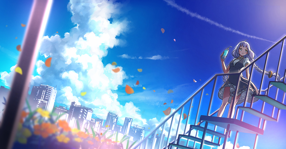 :o bangs bendy_straw black_dress blue_eyes blue_sky blurry blurry_foreground bottle braid breasts cityscape cloud collared_dress commentary_request day depth_of_field dress drinking_straw flower hair_ornament hand_up holding holding_bottle kizuna_akari long_hair looking_away looking_to_the_side low_twintails orange_flower outdoors parted_lips puffy_short_sleeves puffy_sleeves scenery short_sleeves silver_hair sky small_breasts solo stairs suishougensou twin_braids twintails very_long_hair vocaloid yellow_flower