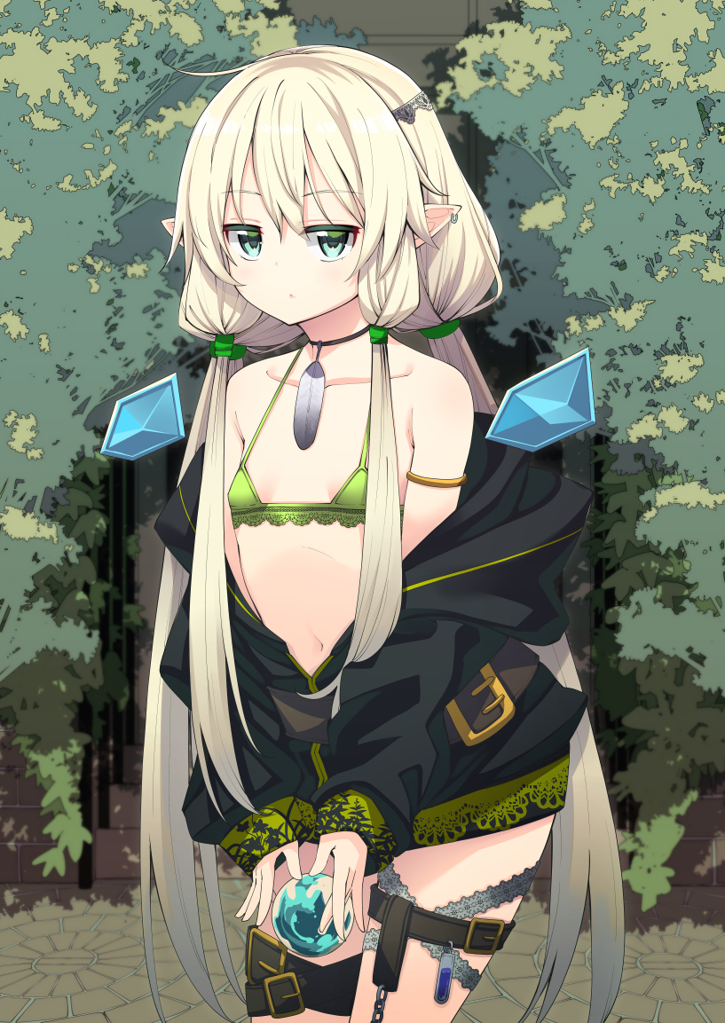 akino_sora bangs bare_shoulders bikini black_jacket blonde_hair breasts collarbone commentary_request day ear_piercing eyebrows_visible_through_hair green_bikini green_eyes hair_between_eyes hood hood_down hooded_jacket jacket jitome long_hair looking_at_viewer low_twintails navel off_shoulder orb original outdoors parted_lips piercing pointy_ears sidelocks small_breasts solo standing swimsuit twintails very_long_hair