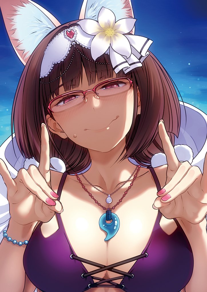 animal_ears bangs bikini blunt_bangs blush bracelet breasts brown_hair cleavage cloak collarbone commentary_request cross-laced_clothes fate/grand_order fate_(series) fingernails flower fox_ears fox_shadow_puppet hair_flower hair_ornament hairband hood hooded_cloak jewelry lady_foxy large_breasts long_fingernails long_hair looking_at_viewer low_twintails magatama_necklace nail_polish nose_blush osakabe-hime_(fate/grand_order) pink-framed_eyewear pink_nails purple_bikini puyo semi-rimless_eyewear smile sweatdrop swimsuit twintails white_flower white_hairband