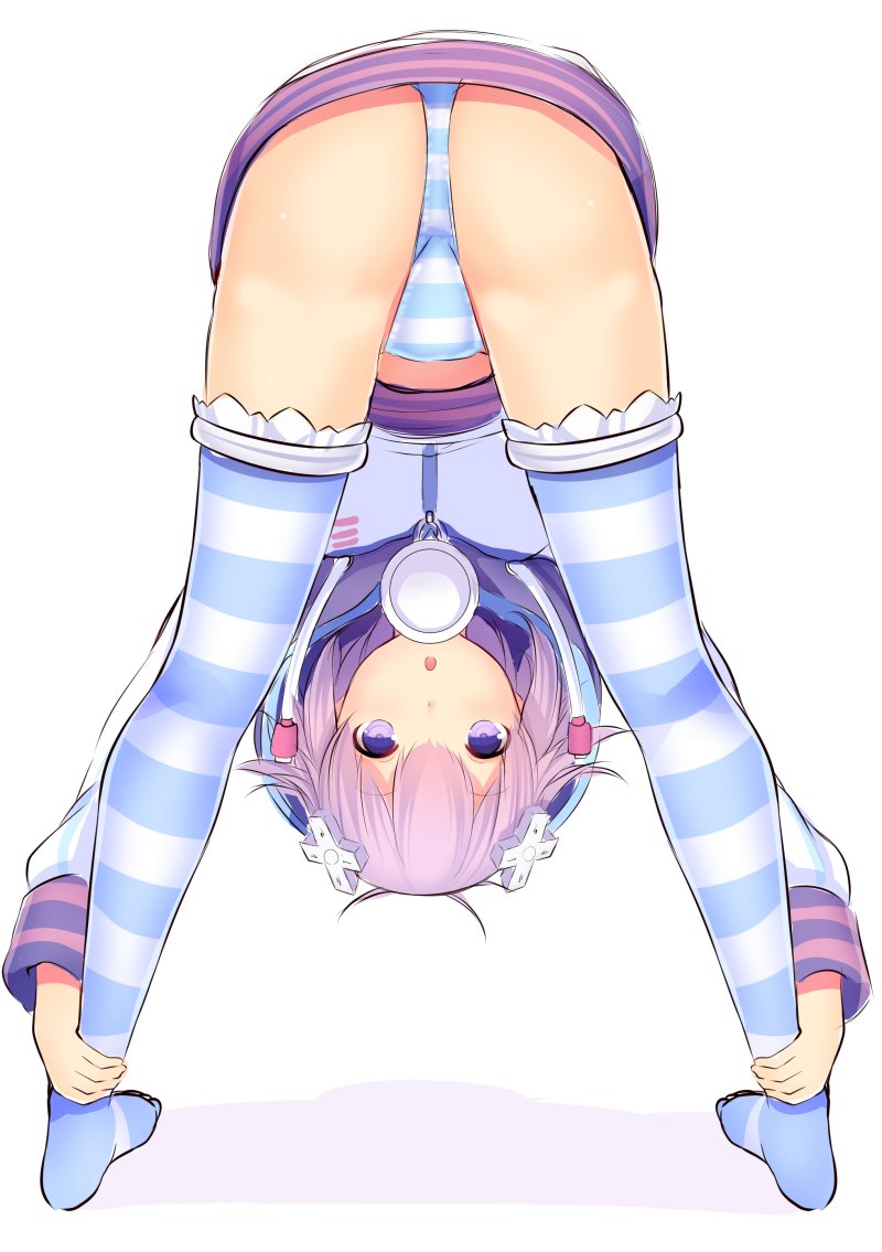 :o ankle_grab ass bent_over commentary_request d-pad d-pad_hair_ornament daiaru full_body hair_ornament hood hooded_jacket jacket long_sleeves looking_at_viewer neptune_(choujigen_game_neptune) neptune_(series) no_shoes panties purple_eyes purple_hair short_hair simple_background solo staring striped striped_legwear striped_panties thighhighs thighs underwear upside-down upskirt usb white_background