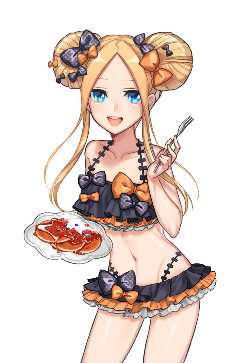 abigail_williams_(fate/grand_order) bangs bikini black_bikini black_bow blonde_hair blue_eyes bow breasts commentary_request double_bun emerald_float fate/grand_order fate_(series) food fork frilled_bikini frills hair_bow highres holding holding_fork looking_at_viewer navel orange_bow parted_bangs polka_dot polka_dot_bow rata_(m40929) side_bun sidelocks simple_background small_breasts smile solo swimsuit white_background