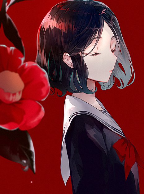 bangs black_blouse black_hair blouse bow bowtie closed_eyes closed_mouth commentary_request eel flower from_side hair_over_one_eye original parted_bangs red_background red_bow red_flower red_neckwear sailor_collar school_uniform serafuku simple_background solo tlla white_sailor_collar