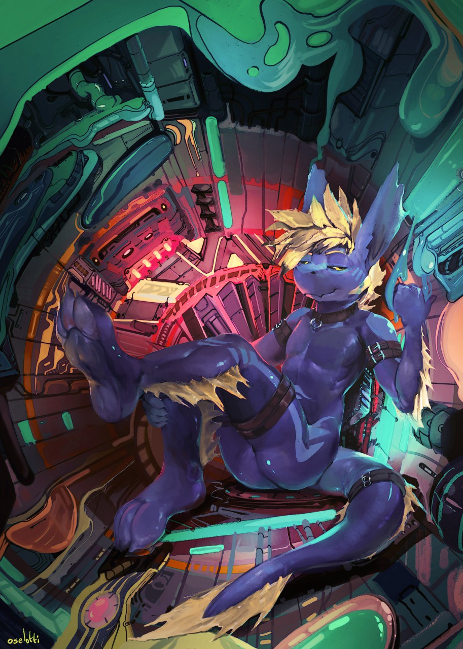 anthro aquatic_dragon armband belt blonde_hair collar dragon fin hair ladon_(character) legband male oselotti scalie soles solo spacecraft tailband vehicle
