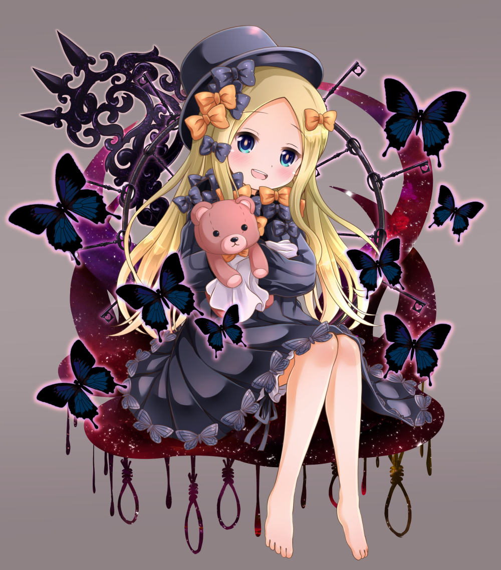:d abigail_williams_(fate/grand_order) aiura_aiu bangs barefoot black_bow black_dress black_hat blonde_hair bloomers blue_eyes blush bow brown_background bug butterfly commentary_request dress eyebrows_visible_through_hair fate/grand_order fate_(series) forehead hair_bow hat head_tilt insect long_hair long_sleeves looking_at_viewer noose object_hug open_mouth orange_bow parted_bangs polka_dot polka_dot_bow round_teeth simple_background sitting sleeves_past_fingers sleeves_past_wrists smile solo stuffed_animal stuffed_toy teddy_bear teeth underwear upper_teeth very_long_hair white_bloomers