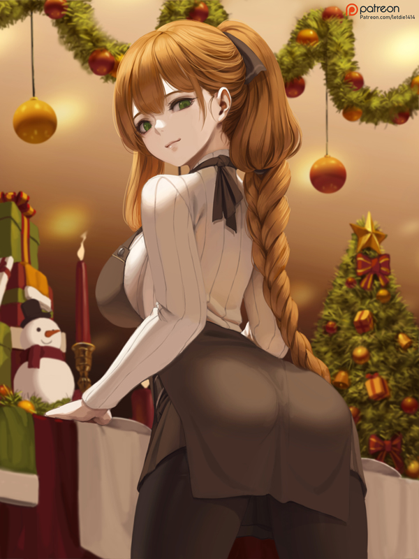 alternate_costume alternate_hairstyle apron ass bangs black_legwear black_ribbon blush box braid breasts brown_hair candle christmas christmas_ornaments christmas_tree closed_mouth commentary_request cowboy_shot from_behind garland_(decoration) gift gift_box girls_frontline green_eyes hair_between_eyes hair_ribbon indoors large_breasts letdie1414 light_smile long_hair long_sleeves looking_at_viewer looking_back m1903_springfield_(girls_frontline) pantyhose patreon_username ribbed_sweater ribbon sidelocks single_braid smile solo standing star sweater table tablecloth tareme turtleneck turtleneck_sweater white_sweater