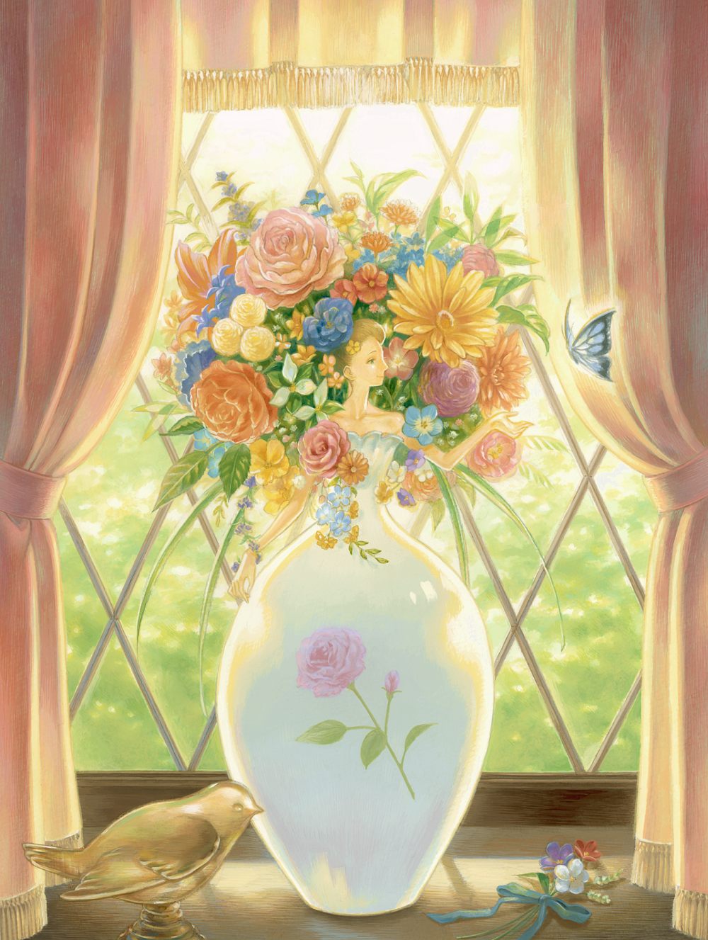 acrylic_paint_(medium) bare_shoulders bird blue_butterfly blue_flower bouquet brown_hair bug butterfly curtains day dress flower flower_request hair_flower hair_ornament happy highres indoors insect looking_away nature orange_flower original outstretched_arm pink_flower pink_rose profile purple_flower red_flower red_rose ribbon rose shadow sleeveless sleeveless_dress smile solo suijou_ai traditional_media tree vase white_flower window yellow_flower