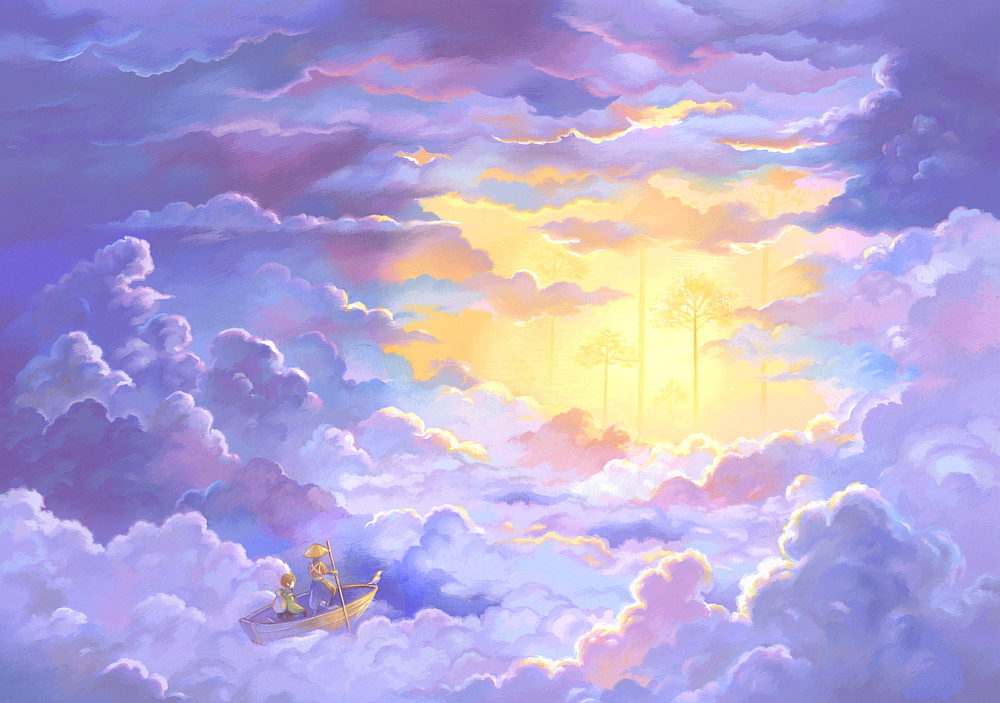 ambiguous_gender blue cloud cloudy_sky day hat oar original outdoors purple rowboat scenery sky straw_hat suijou_ai sunlight traditional_media yellow
