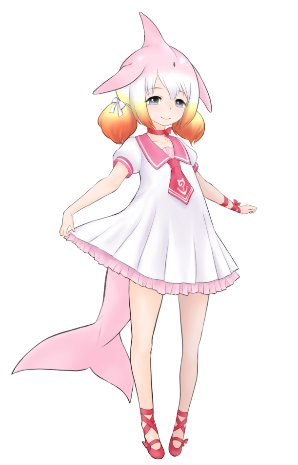 chinese_white_dolphin_(kemono_friends) choker dolphin_tail dress fins full_body grey_eyes ise_(0425) kemono_friends looking_at_viewer low_twintails medium_hair multicolored_hair orange_hair pink_footwear pink_hair pink_sailor_collar puffy_short_sleeves puffy_sleeves red_choker red_ribbon ribbon sailor_collar sailor_dress shoes short_sleeves simple_background skirt_hold smile solo twintails white_background white_dress white_hair wrist_ribbon